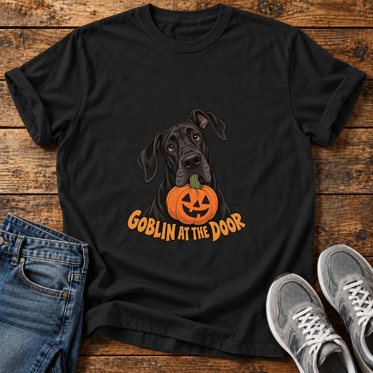 Goblin At Door Great Dane graphic T-shirt in Black, shown on a flat-lay shirt mockup