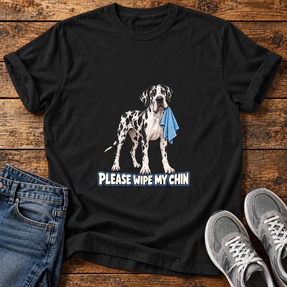 Wipe My Chin Great Dane graphic T-shirt in Black, shown on a flat-lay shirt mockup