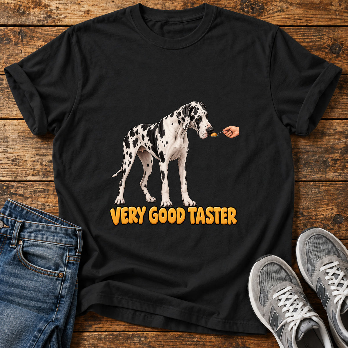 Very Good Taster Great Dane graphic T-shirt in Black, shown on a flat-lay shirt mockup