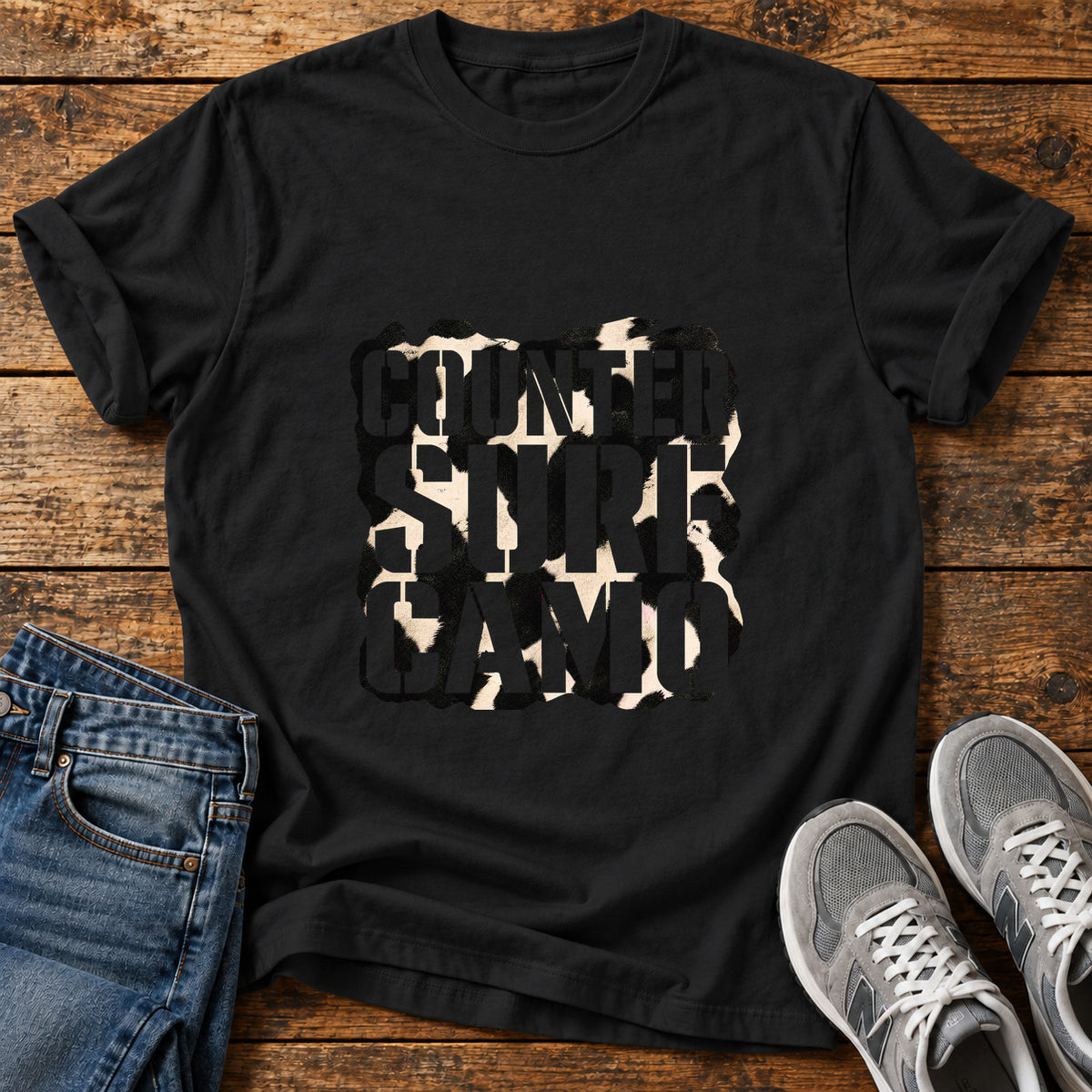 Counter Surf Camo Great Dane graphic T-shirt in Black, shown on a flat-lay shirt mockup