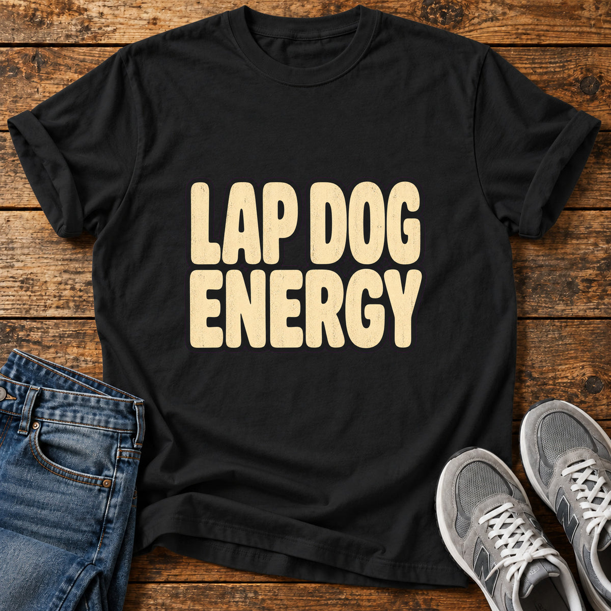 Lap Dog Energy Great Dane graphic T-shirt in Black, shown on a flat-lay shirt mockup