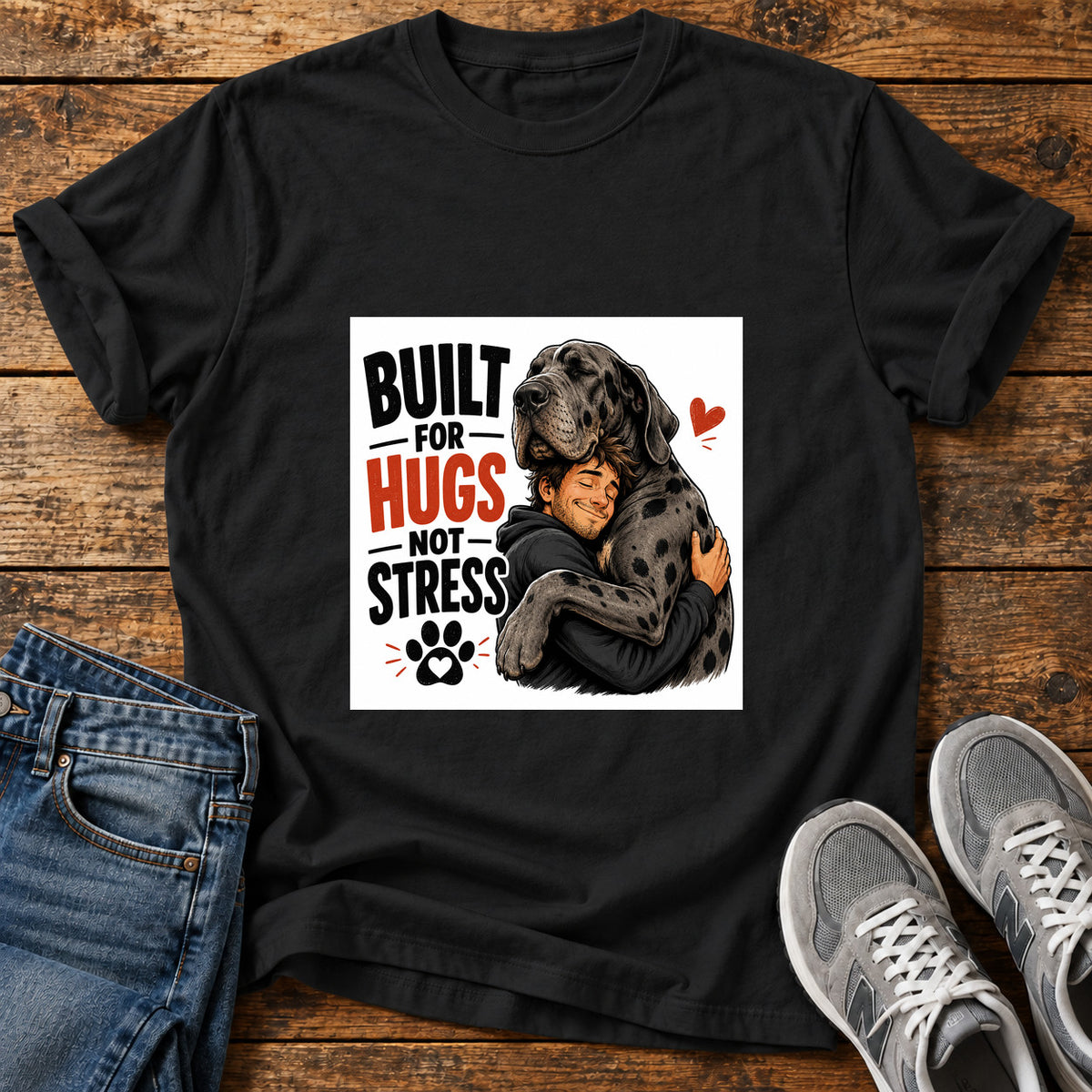 Built For Hugs Great Dane graphic T-shirt in Black, shown on a flat-lay shirt mockup
