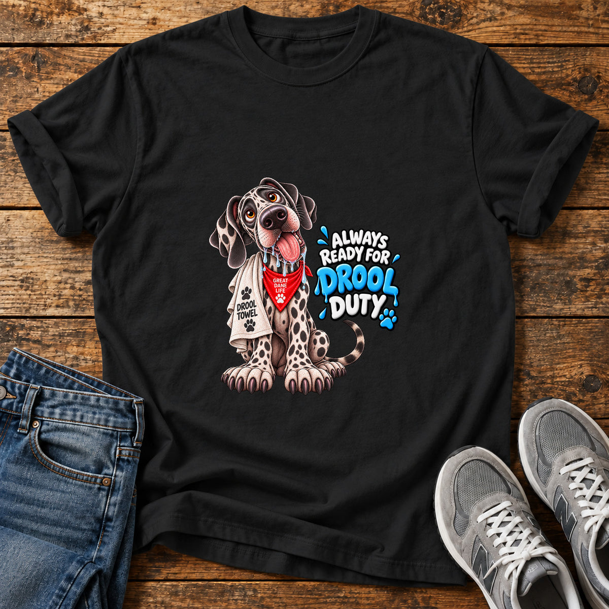 Drool Duty Great Dane graphic T-shirt in Black, shown on a flat-lay shirt mockup