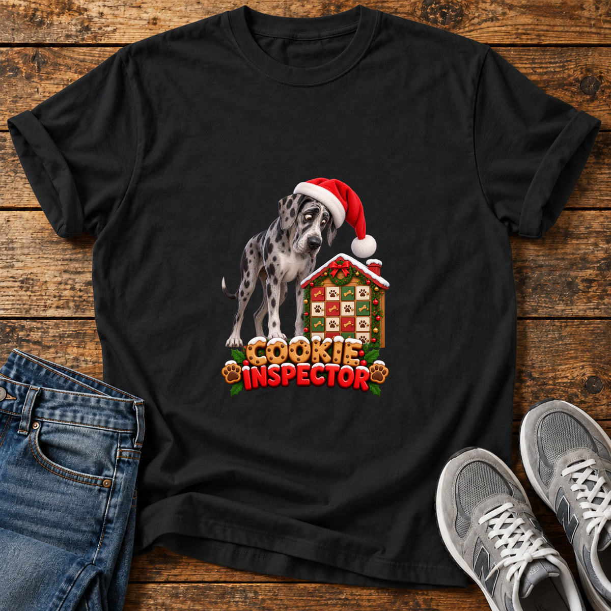 Cookie Inspector Great Dane graphic T-shirt in Black, shown on a flat-lay shirt mockup