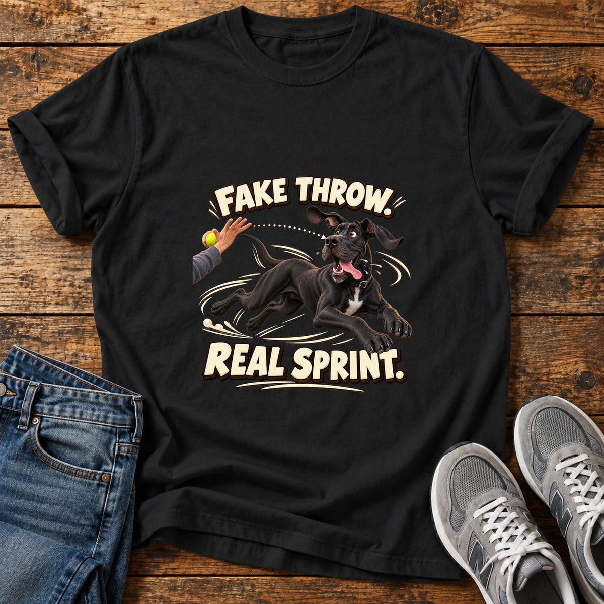 Fake Throw Sprint Great Dane graphic T-shirt in Black, shown on a flat-lay shirt mockup