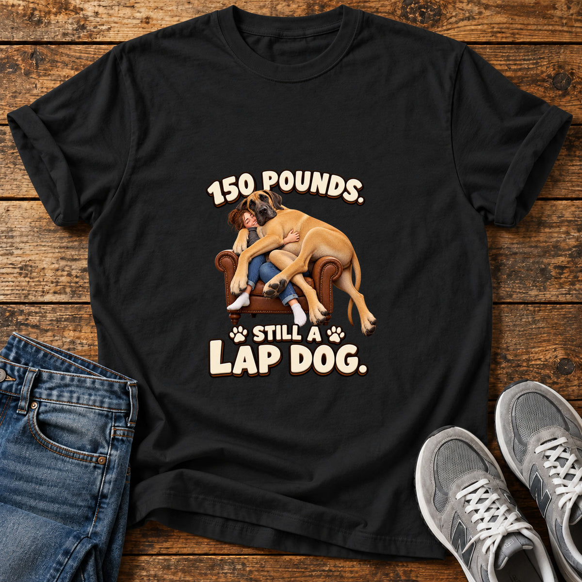 Lap Dog Life Great Dane graphic T-shirt in Black, shown on a flat-lay shirt mockup