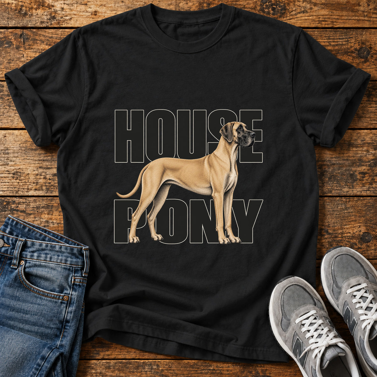 House Pony Great Dane graphic T-shirt in Black, shown on a flat-lay shirt mockup
