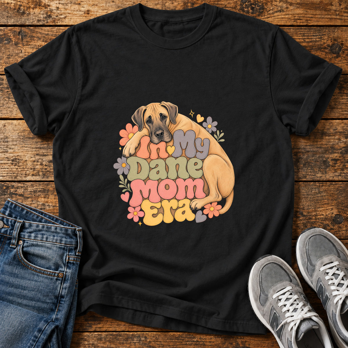 Dane Mom Era Great Dane graphic T-shirt in Black, shown on a flat-lay shirt mockup