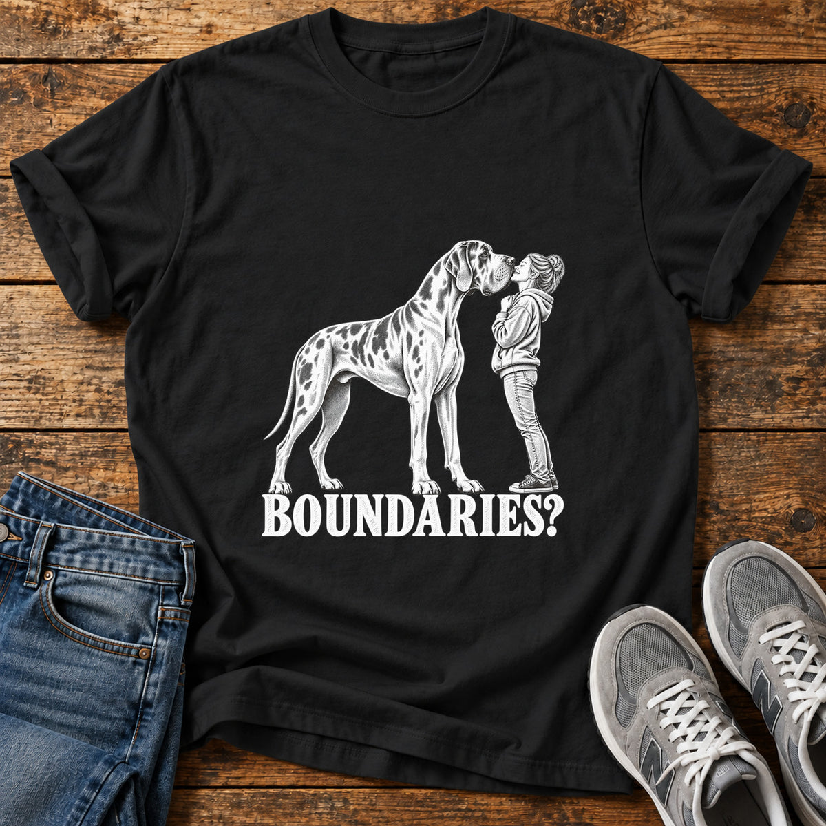 Boundaries Hug Great Dane graphic T-shirt in Black, shown on a flat-lay shirt mockup