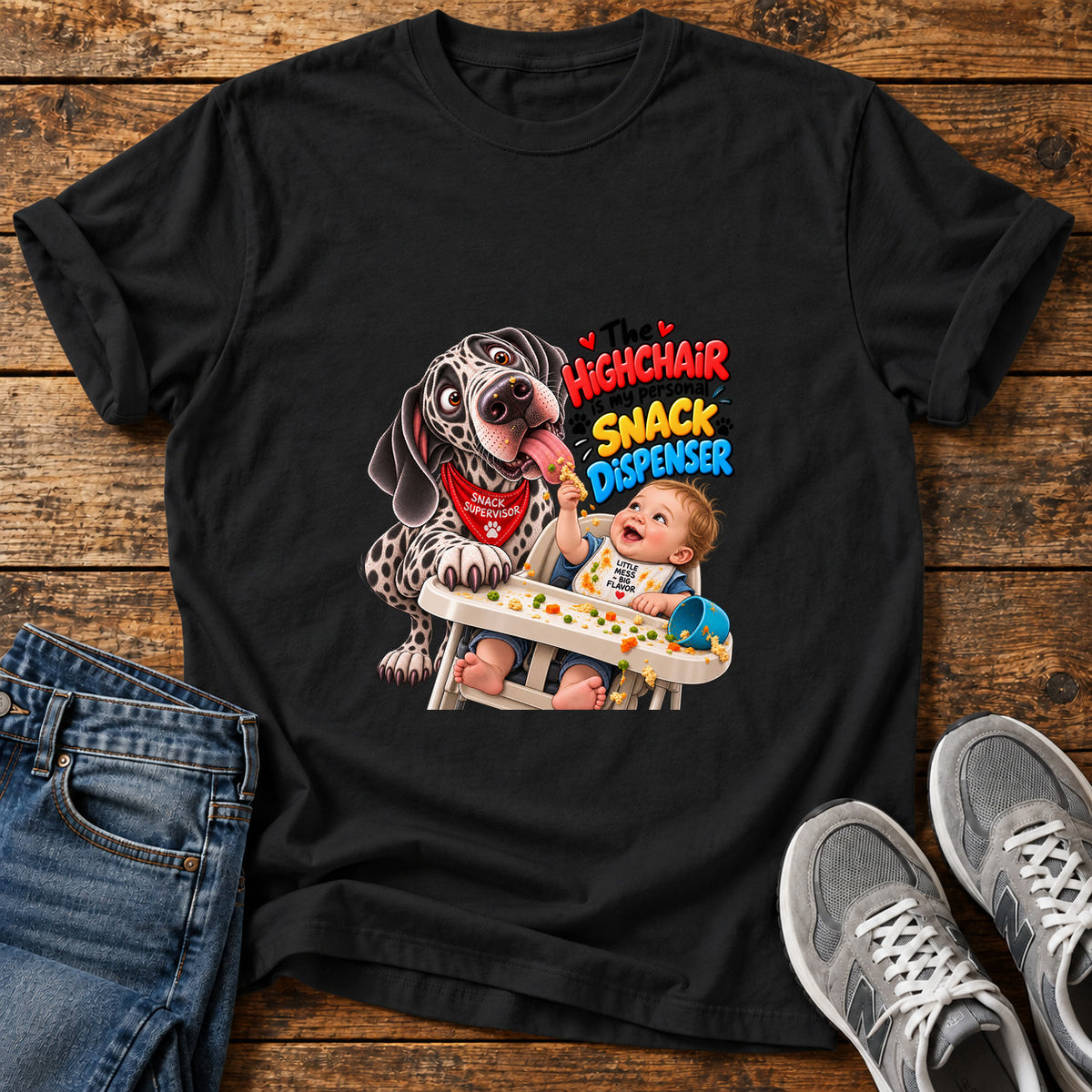 Highchair Snacktime Great Dane graphic T-shirt in Black, shown on a flat-lay shirt mockup