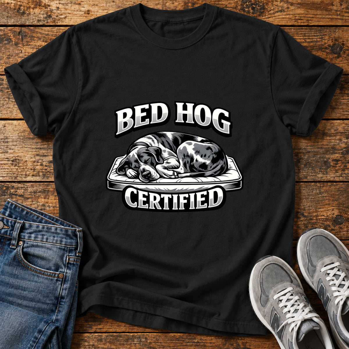 Bed Hog Certified Great Dane graphic T-shirt in Black, shown on a flat-lay shirt mockup