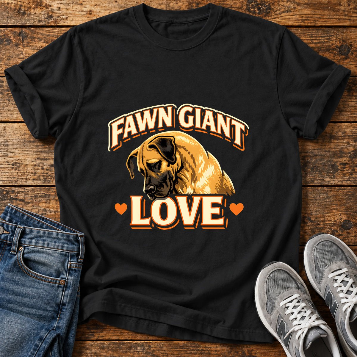 Fawn Giant Love Great Dane graphic T-shirt in Black, shown on a flat-lay shirt mockup