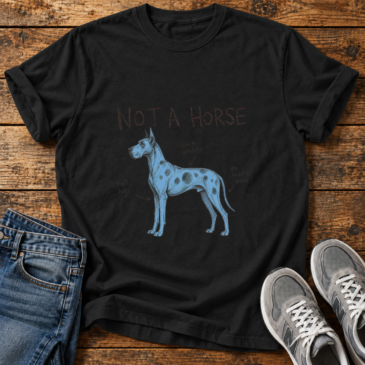 Not a Horse Great Dane graphic T-shirt in Black, shown on a flat-lay shirt mockup