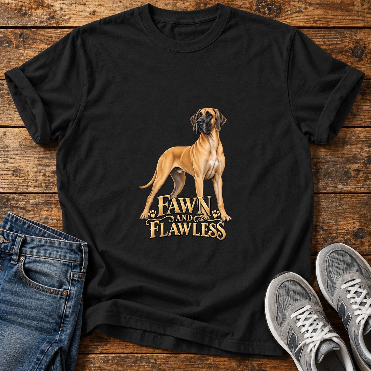 Fawn and Flawless Great Dane graphic T-shirt in Black, shown on a flat-lay shirt mockup