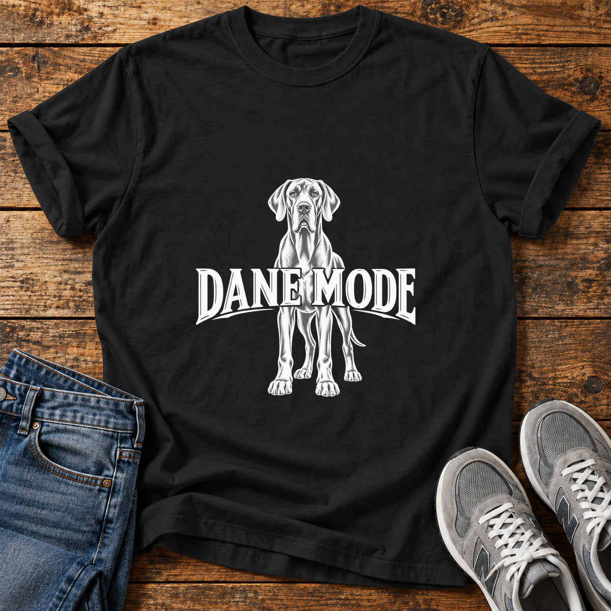 Dane Mode Great Dane graphic T-shirt in Black, shown on a flat-lay shirt mockup