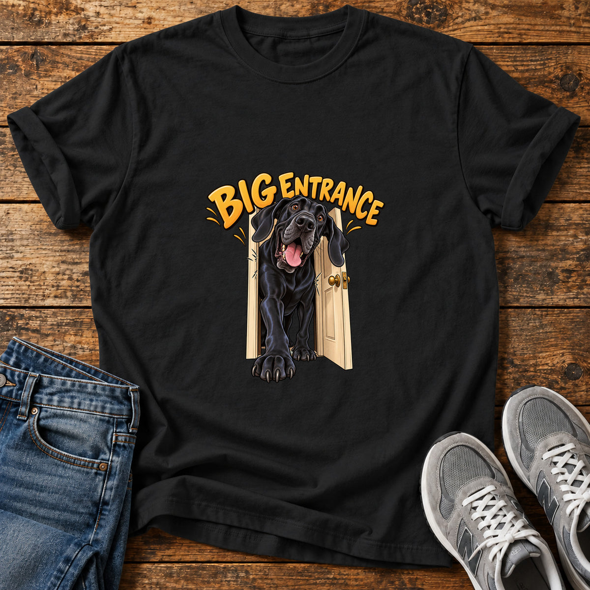 Big Entrance Great Dane graphic T-shirt in Black, shown on a flat-lay shirt mockup