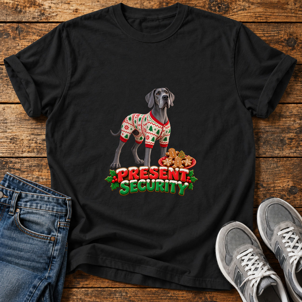 Present Security Great Dane graphic T-shirt in Black, shown on a flat-lay shirt mockup