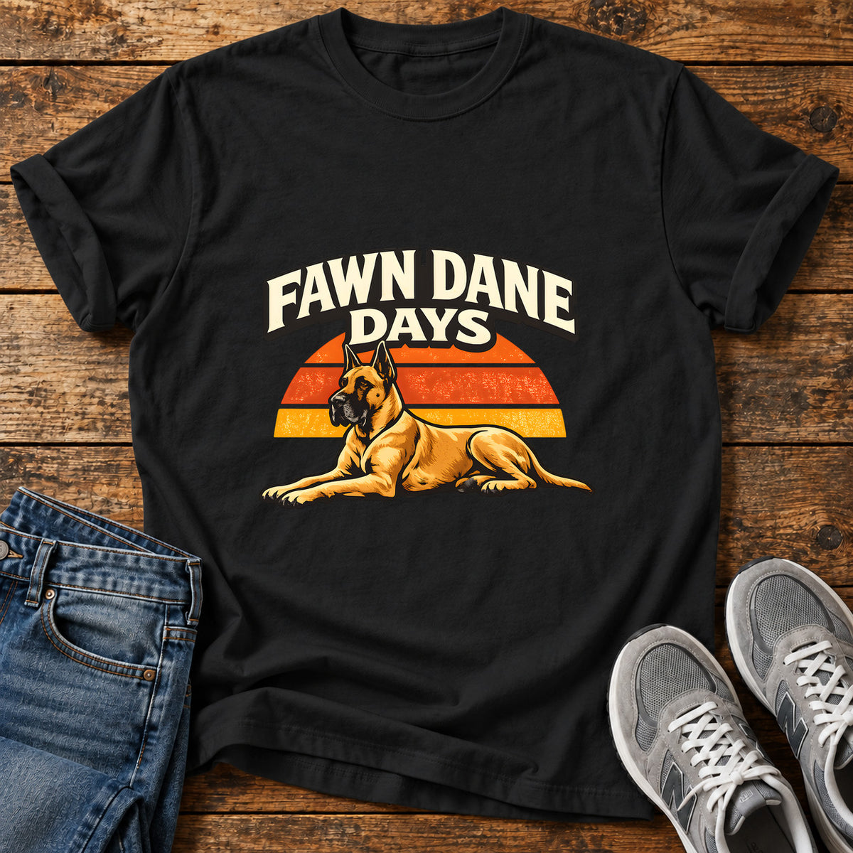 Fawn Dane Days Great Dane graphic T-shirt in Black, shown on a flat-lay shirt mockup