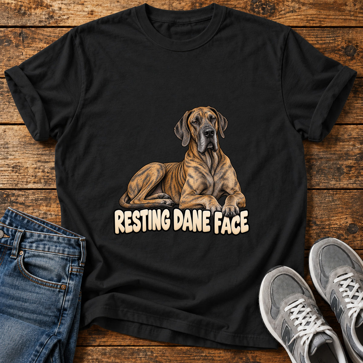 Resting Dane Face Great Dane graphic T-shirt in Black, shown on a flat-lay shirt mockup
