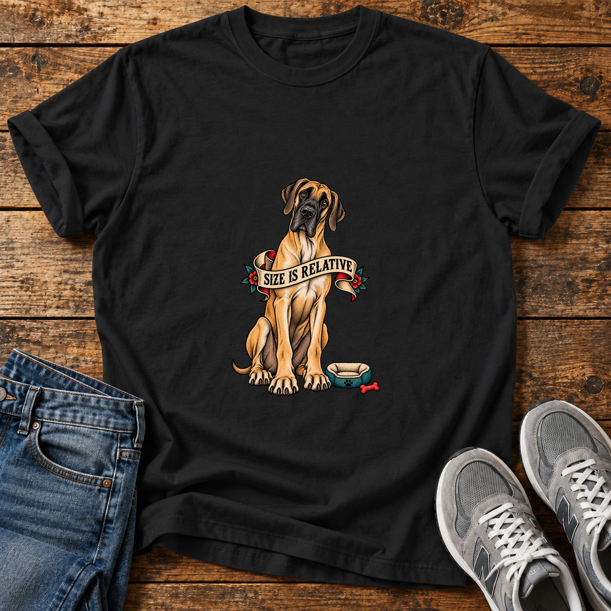 Size Is Relative Great Dane graphic T-shirt in Black, shown on a flat-lay shirt mockup