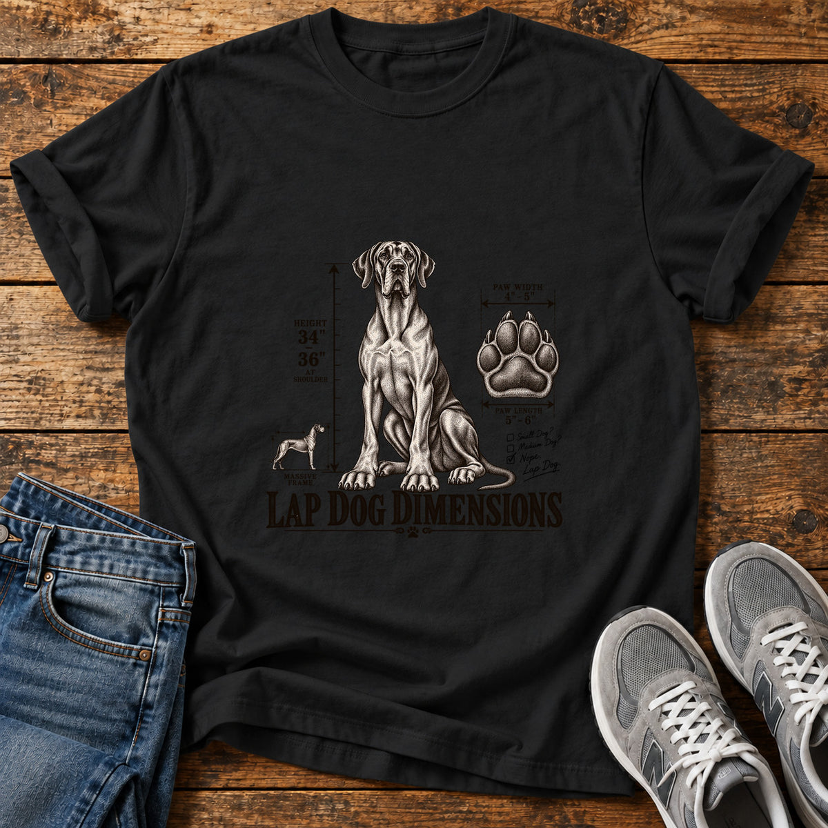 Lap Dog Dimensions Great Dane graphic T-shirt in Black, shown on a flat-lay shirt mockup
