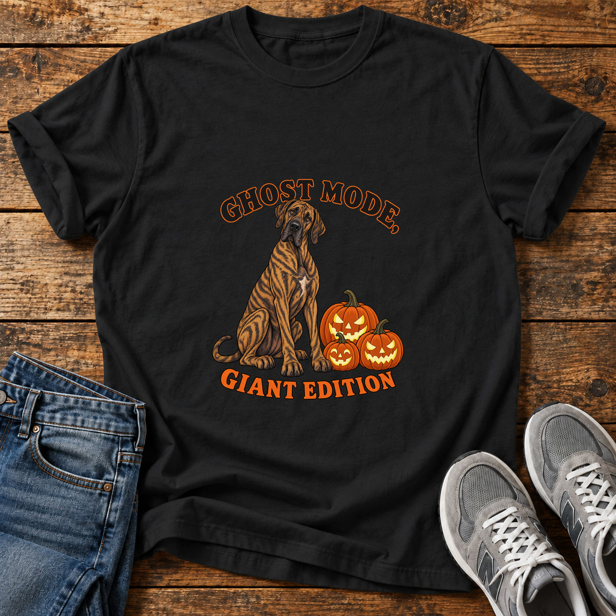 Ghost Mode Giant Great Dane graphic T-shirt in Black, shown on a flat-lay shirt mockup
