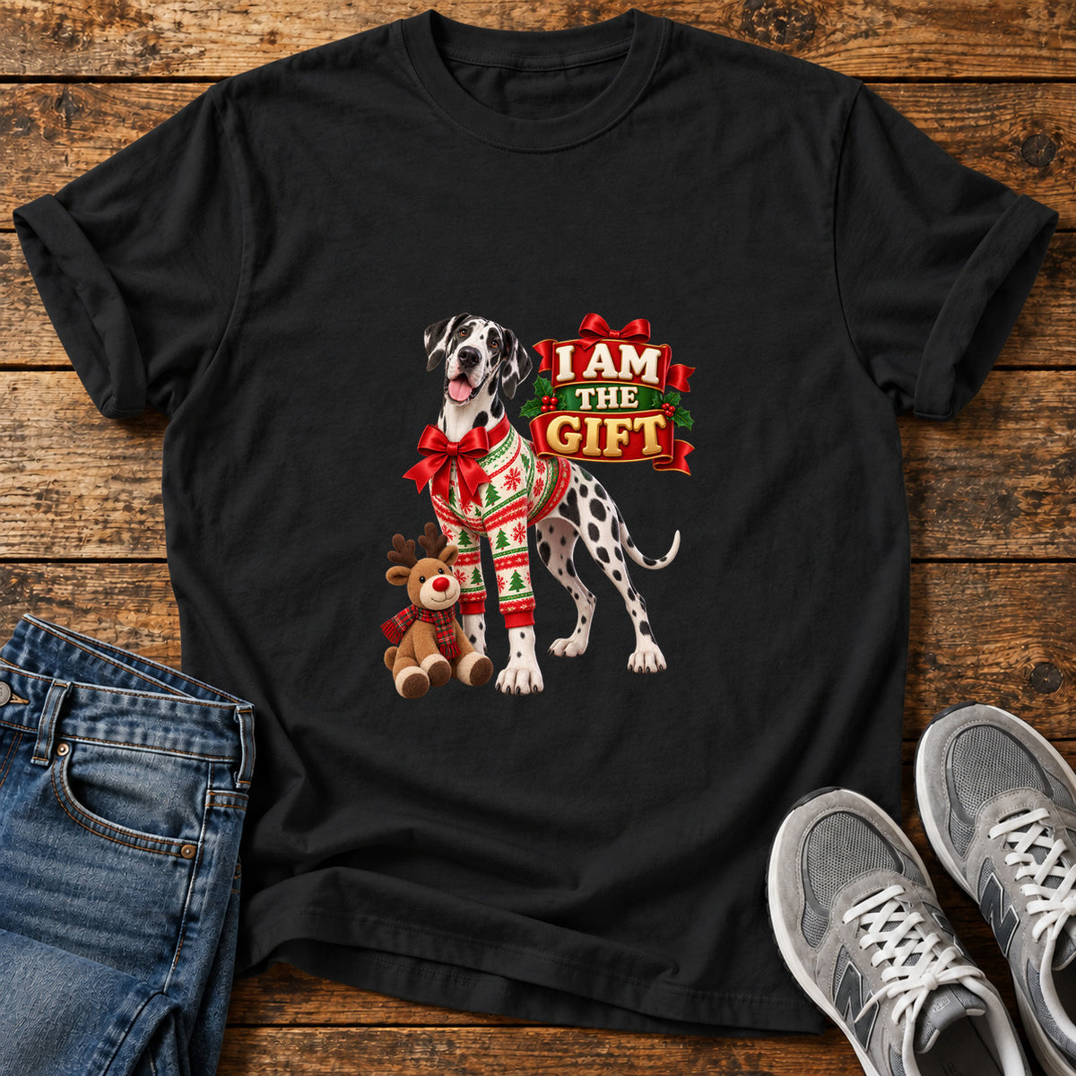 I Am Gift Great Dane graphic T-shirt in Black, shown on a flat-lay shirt mockup