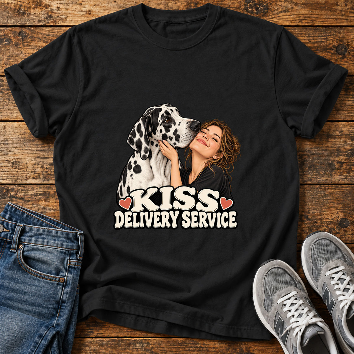 Kiss Delivery Great Dane graphic T-shirt in Black, shown on a flat-lay shirt mockup