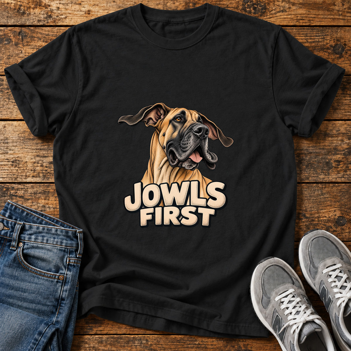 Jowls First Great Dane graphic T-shirt in Black, shown on a flat-lay shirt mockup