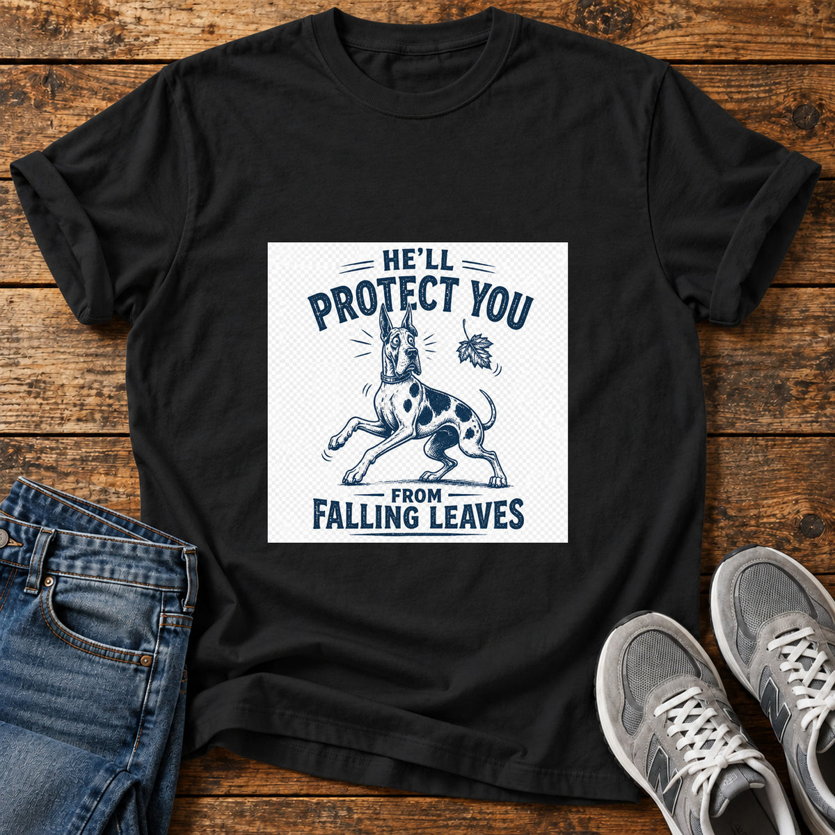 Protective Pooch Great Dane graphic T-shirt in Black, shown on a flat-lay shirt mockup
