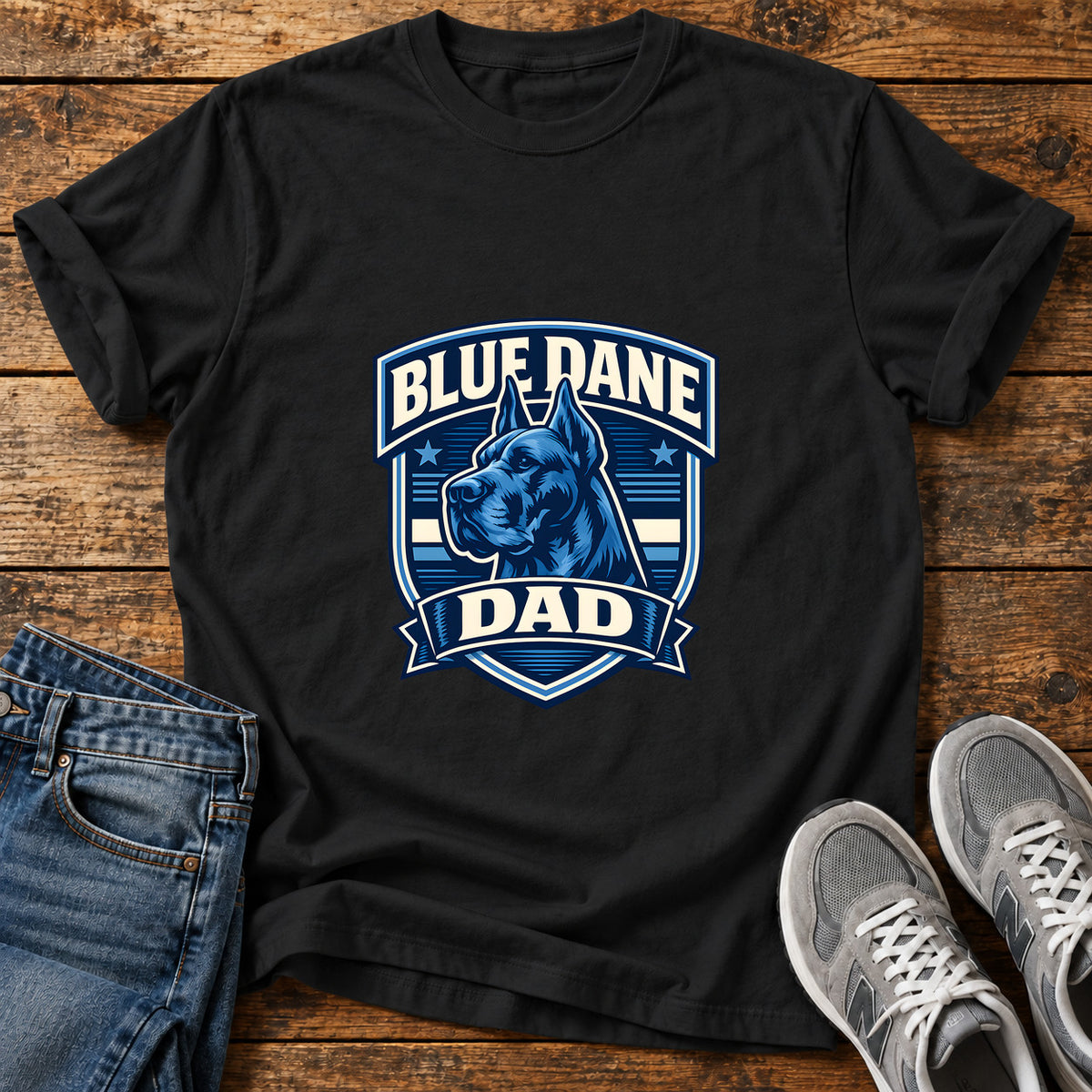 Blue Dane Dad Great Dane graphic T-shirt in Black, shown on a flat-lay shirt mockup
