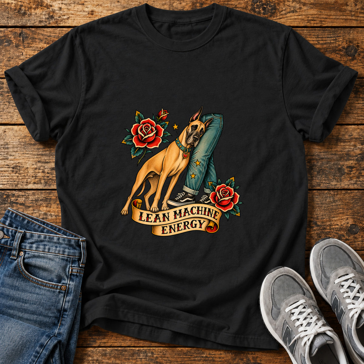 Lean Machine Energy Great Dane graphic T-shirt in Black, shown on a flat-lay shirt mockup