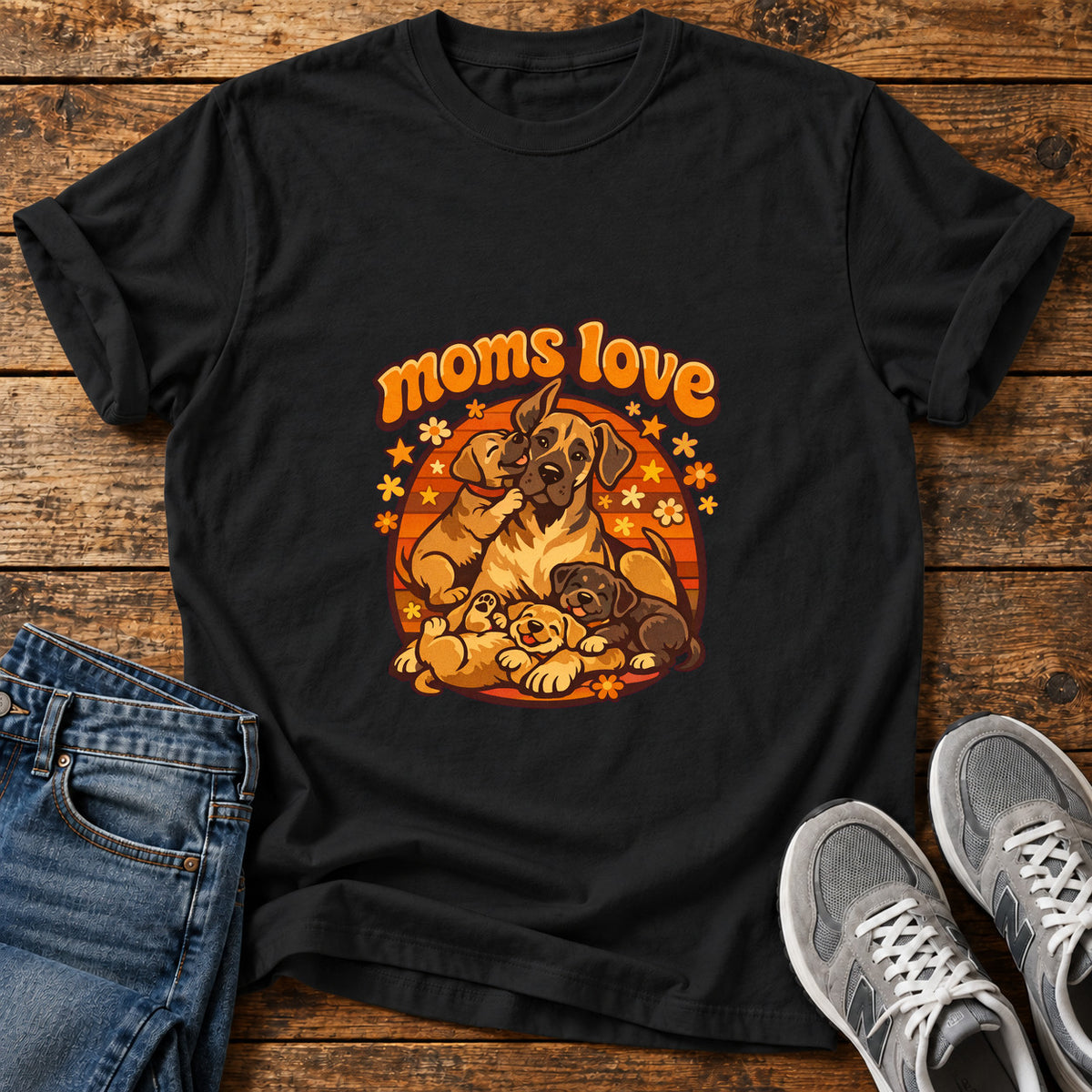 Moms Love Great Dane graphic T-shirt in Black, shown on a flat-lay shirt mockup