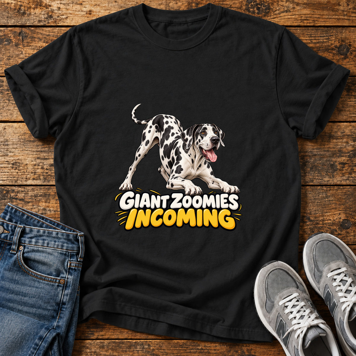 Giant Zoomies Great Dane graphic T-shirt in Black, shown on a flat-lay shirt mockup