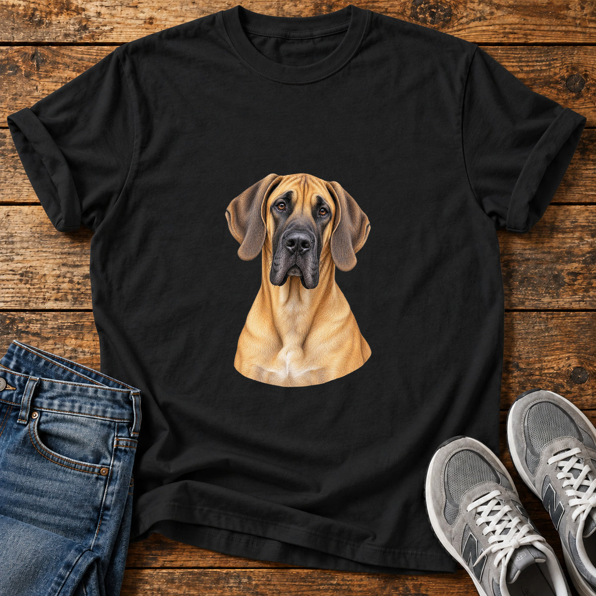 Majestic Dane Great Dane graphic T-shirt in Black, shown on a flat-lay shirt mockup