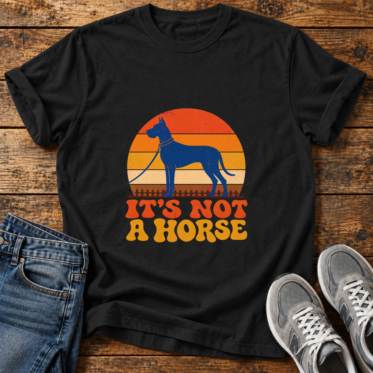 It's Not Horse Great Dane graphic T-shirt in Black, shown on a flat-lay shirt mockup