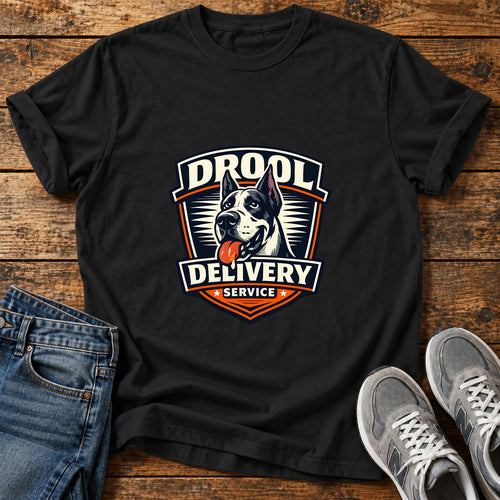 Drool Delivery Service Great Dane graphic T-shirt in Black, shown on a flat-lay shirt mockup