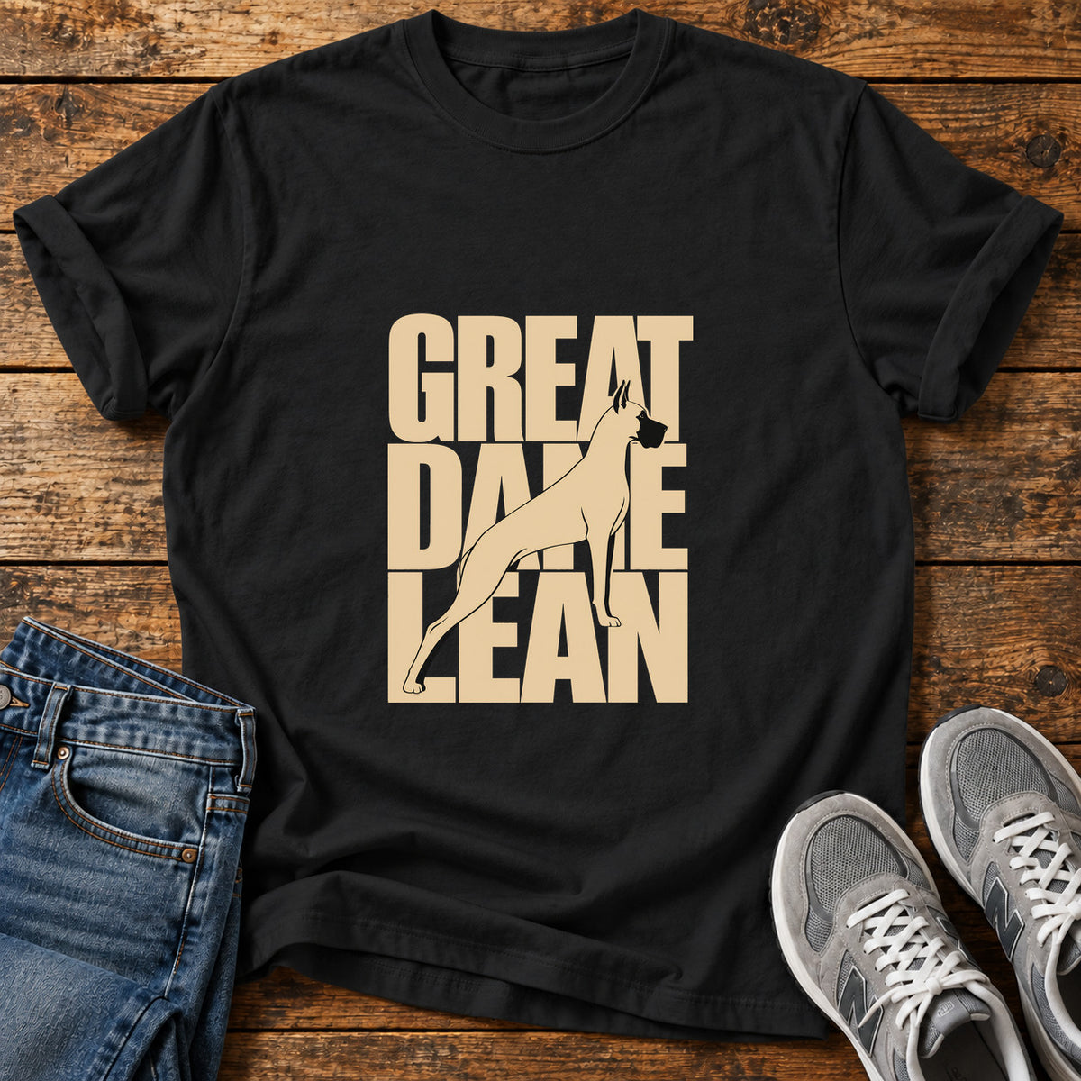 Great Dane Lean graphic T-shirt in Black, shown on a flat-lay shirt mockup