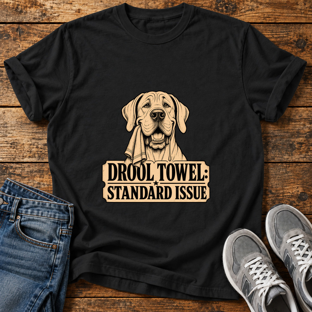Drool Towel Standard Great Dane graphic T-shirt in Black, shown on a flat-lay shirt mockup