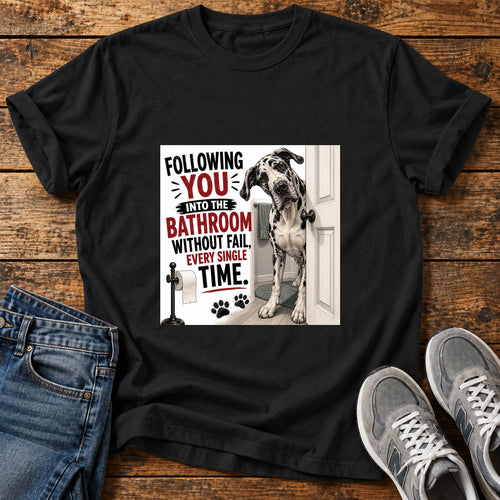 Bathroom Buddy Great Dane graphic T-shirt in Black, shown on a flat-lay shirt mockup