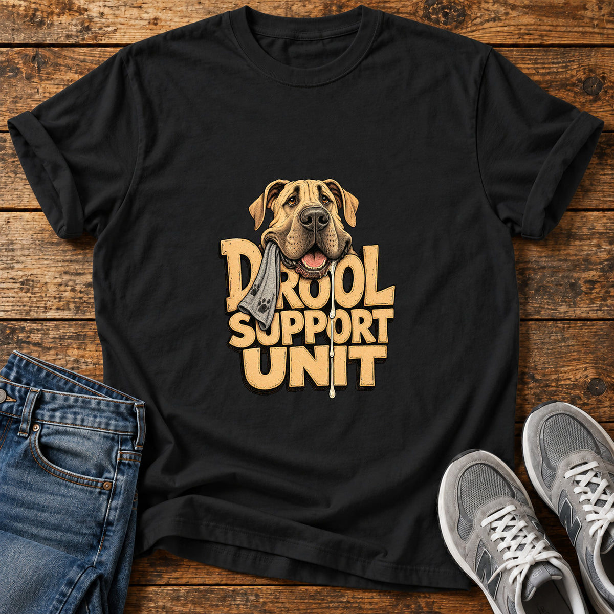 Drool Support Unit Great Dane graphic T-shirt in Black, shown on a flat-lay shirt mockup
