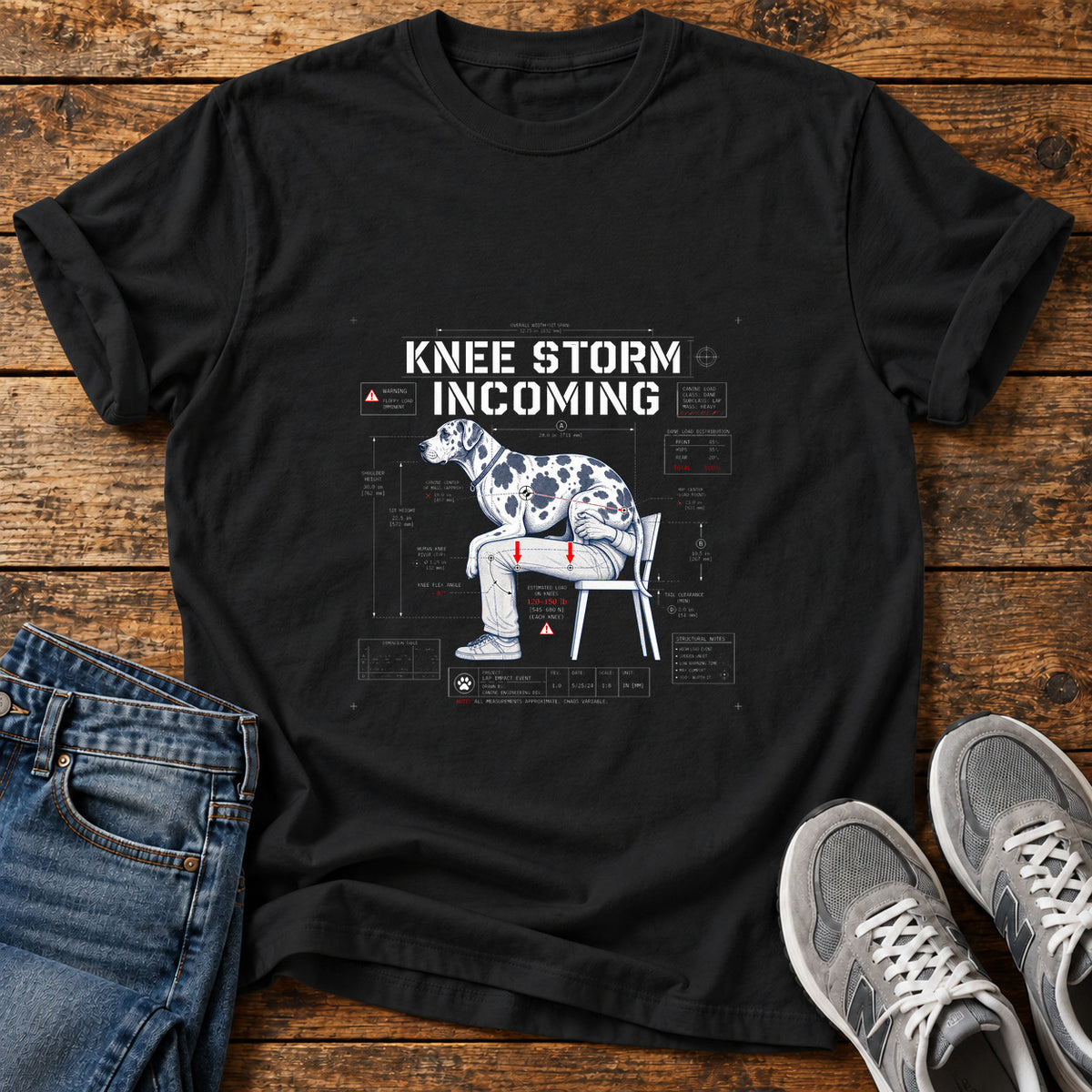 Knee Storm Incoming Great Dane graphic T-shirt in Black, shown on a flat-lay shirt mockup