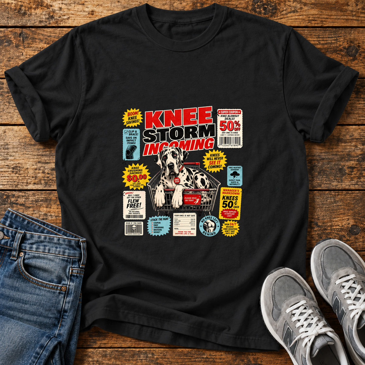 Knee Storm Incoming Great Dane graphic T-shirt in Black, shown on a flat-lay shirt mockup