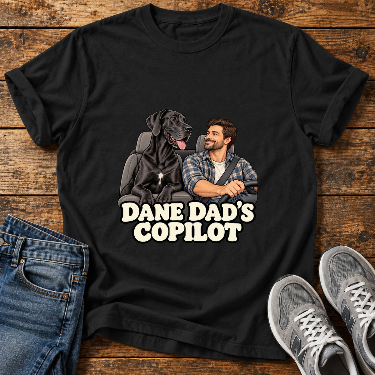 Dane Copilot Great Dane graphic T-shirt in Black, shown on a flat-lay shirt mockup