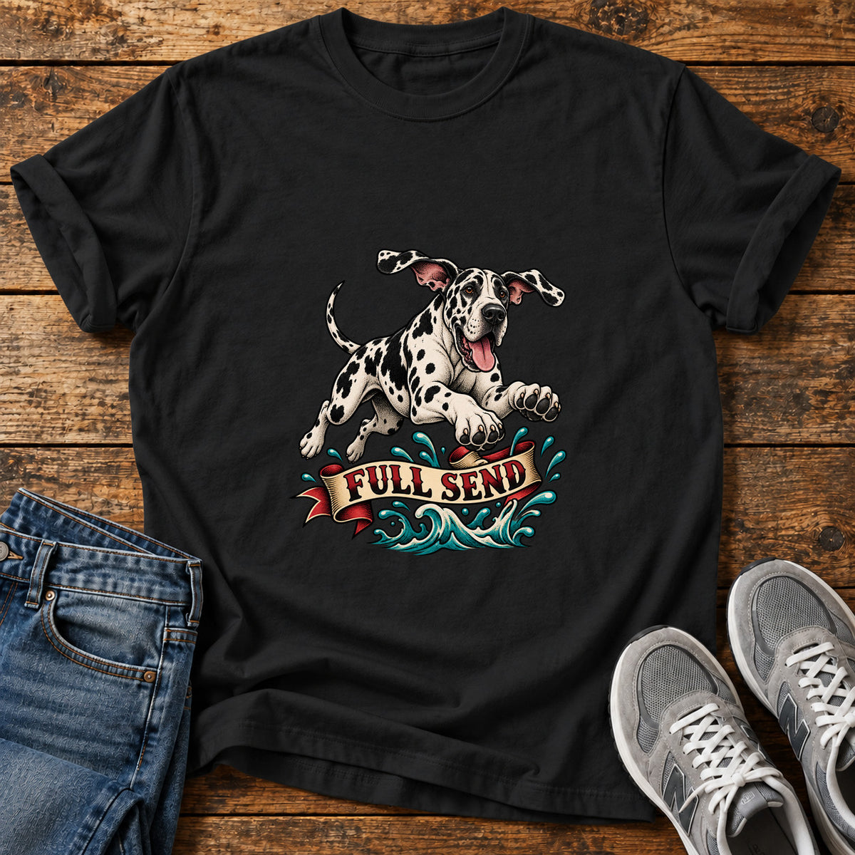 Full Send Pup Great Dane graphic T-shirt in Black, shown on a flat-lay shirt mockup