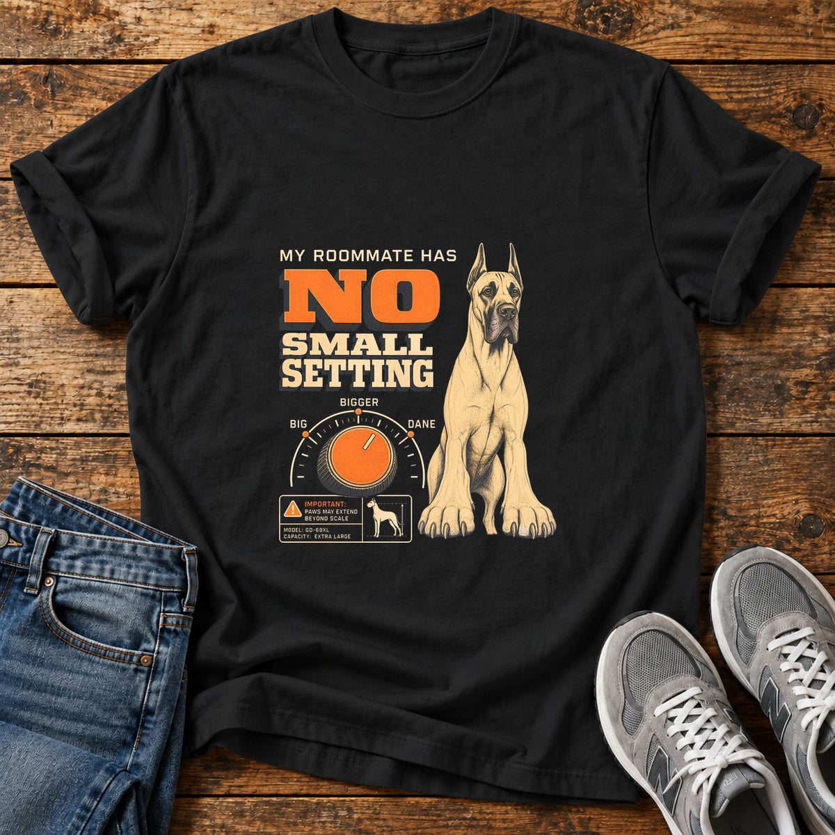No Small Setting Great Dane graphic T-shirt in Black, shown on a flat-lay shirt mockup