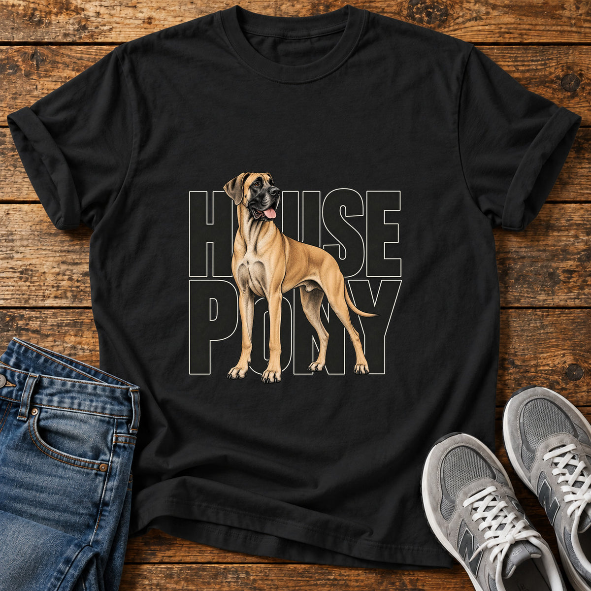 House Pony Great Dane graphic T-shirt in Black, shown on a flat-lay shirt mockup