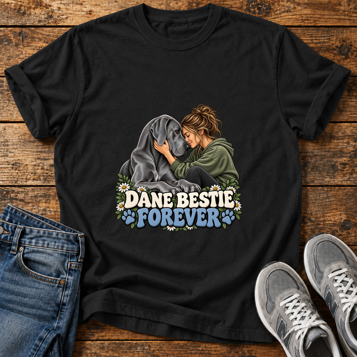 Dane Bestie Forever Great Dane graphic T-shirt in Black, shown on a flat-lay shirt mockup