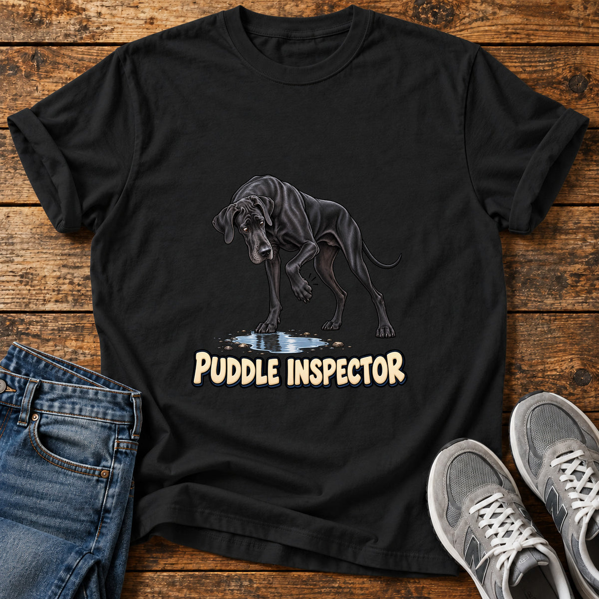 Puddle Inspector Great Dane graphic T-shirt in Black, shown on a flat-lay shirt mockup