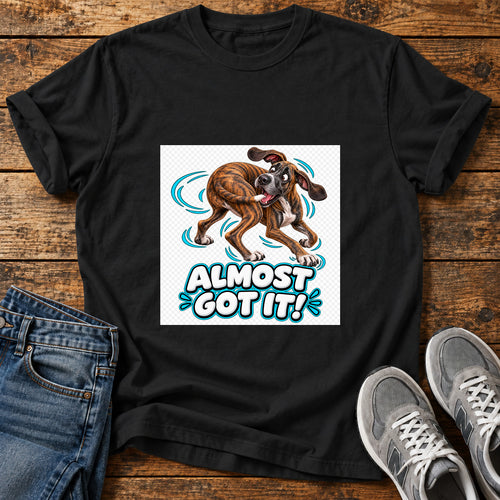Almost Got It Great Dane graphic T-shirt in Black, shown on a flat-lay shirt mockup